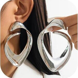 Oversize Chunky Statement Exaggerated Gold Irregular Drop Dangle Earrings Silver